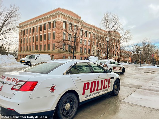 Police on the scene of the Wilson-Short Hall building at WSU during a search of Bryan Kohberger's office in December 2022