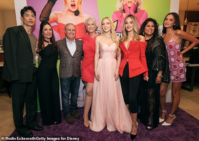 The Old Navy brand ambassador made sure to pose with her co-star (from L-R) Manny Jacinto, producer Ann Marie Sanderlin, Disney co-chairman Alan Bergman, co-star Julia Butters, director Nisha Ganatra, and co-star Sophia Hammons