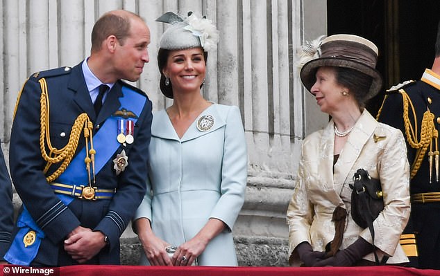 William, Kate and Anne stand on the balcony of Buckingham Palace to view a flypast to mark the centenary of the Royal Air Force (RAF) on July 10, 2018 in London