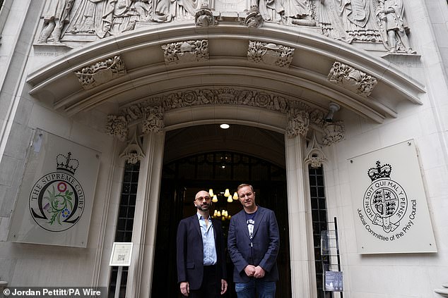 Former traders Carlo Palombo and Tom Hayes outside the Supreme Court in London today