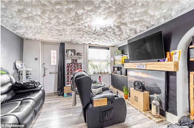 As soon as you step through the front door, you are greeted with a rather bizarre choice of ceiling in the lounge as it is seemingly made from cotton wool