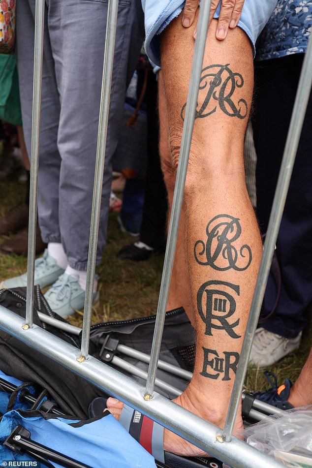 He has a total of four large tattoos along the outer side of his left leg, starting with Queen Elizabeth's royal cypher and including both Charles and Camilla's individual ones