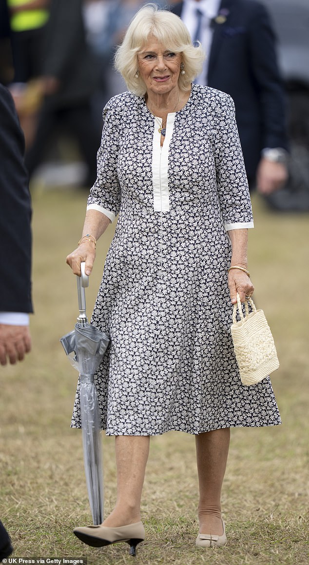 The Queen looked elegant in a smart patterned dress from Fiona Clare with blue and white detailing