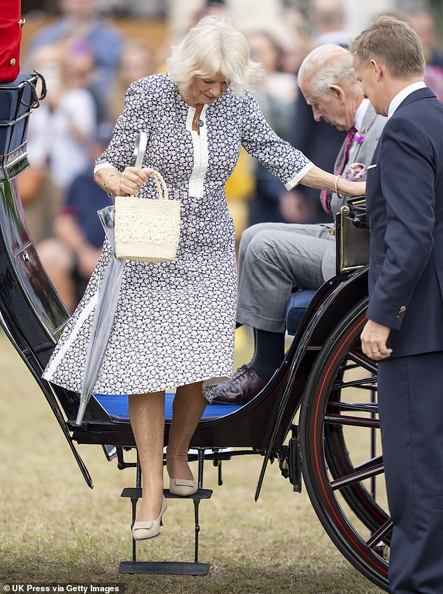 Queen Camilla looked elegant today in a blue and white patterned dress, paired with a bag from Rixo