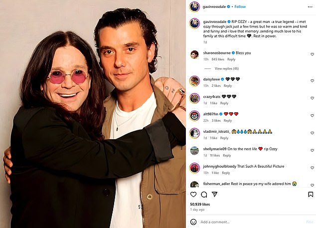 English musician Gavin Rossdale took to Instagram shortly after the news broke to pay tribute to the heavy metal icon. Sharon responded later in the day