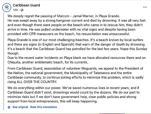 Following Warner's shock death at 54, lifeguards from Playa Grande released a statement saying they were not present due to lack of 'resources'