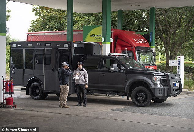 Several top secret vehicles usually seen in the motorcade were unloaded from planes with some seen filing up at the local petrol station near HMS Gannet