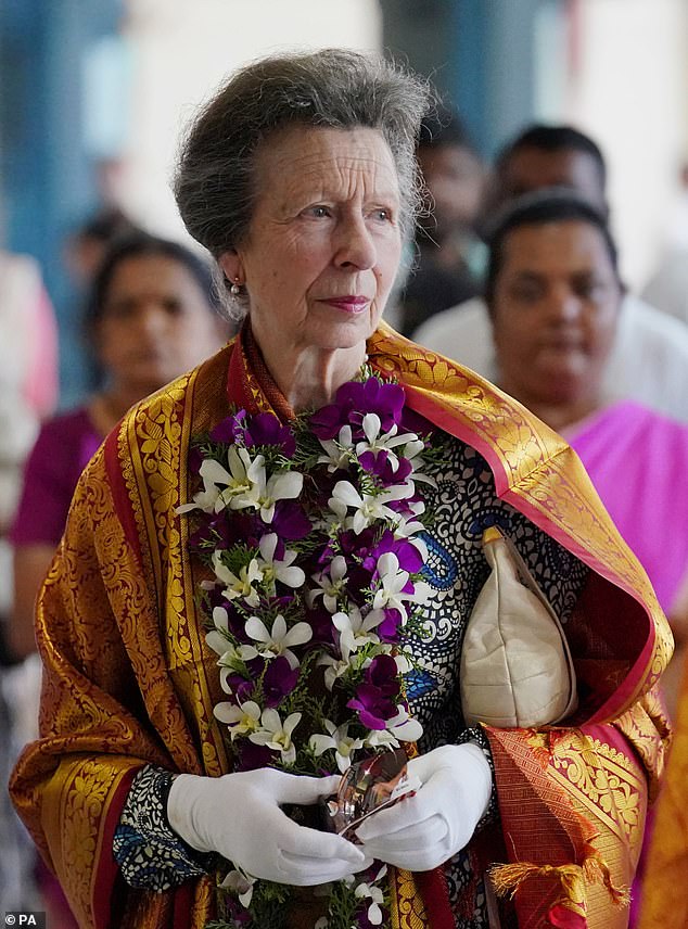 Princess Anne during a visit to Vajira Pillayar Kovil Hindu temple in Colombo, Sri Lanka, in 2024