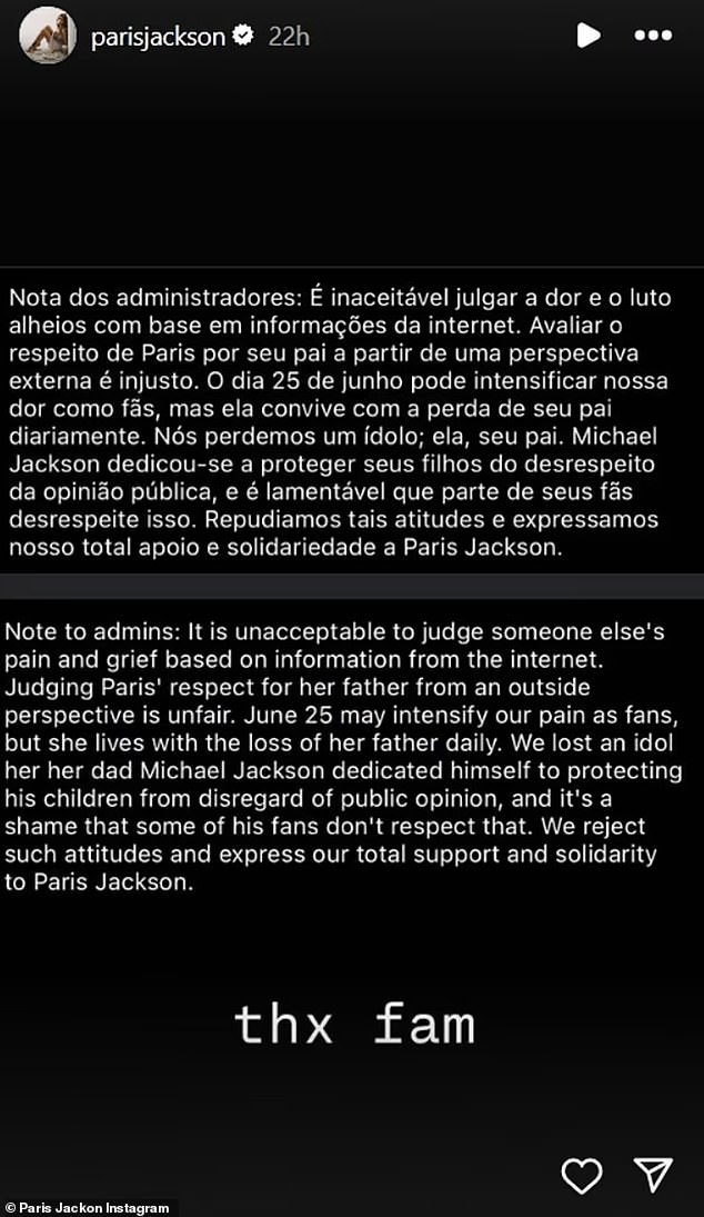 The nepo baby of the iconic music artist ¿ who died June 25, 2009 at age 50 ¿ also reposted via Instagram Stories, a comment from a fan account