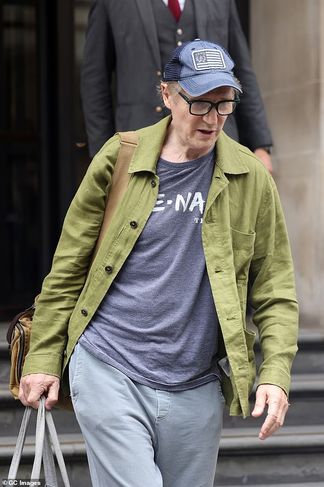 The actress looked incredibly radiant as she stepped out makeup-free, sporting a chic yellow ensemble, while Liam, 73, attempted to keep low-key in a blue cap