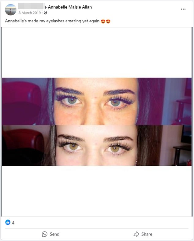Allan set up a business called Annabelle's Beauty Ltd. This Facebook page shows a client in 2019 sharing a photo of her lash extensions