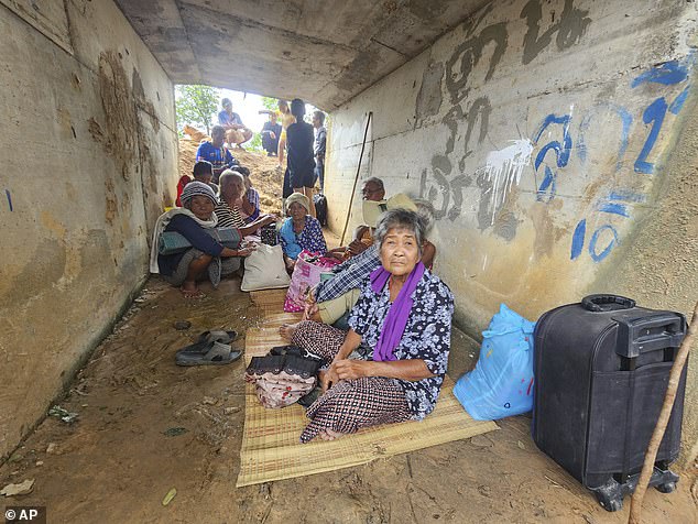 Thai residents including children and the elderly ran to shelters built of concrete and fortified with sandbags and car tires in the Surin border province