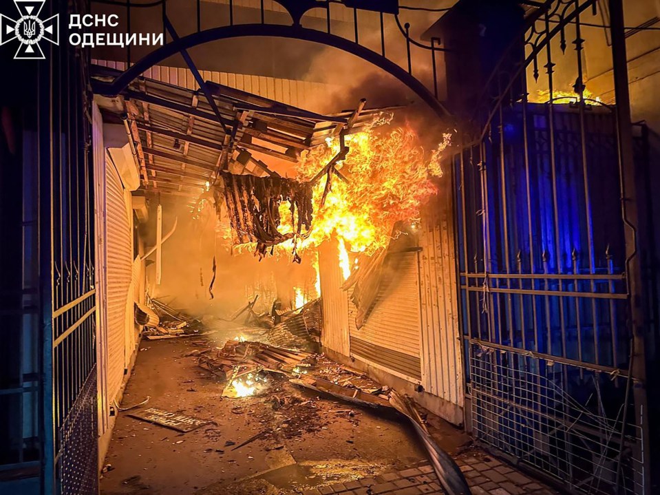 Burning building in Odesa, Ukraine.
