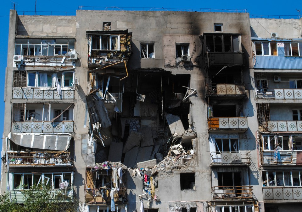 Drone strike damage to a residential building in Odesa, Ukraine.