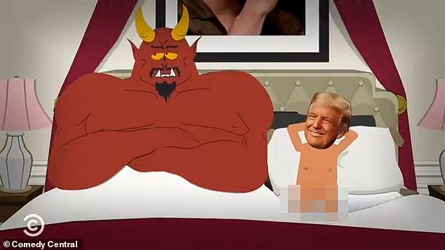 One damning moment in the cartoon showed Trump trying to romance Satan in bed