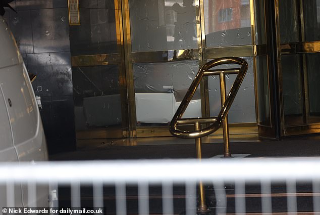 Privacy tape has been installed at the Canary Wharf hotel today on its main entrance doors