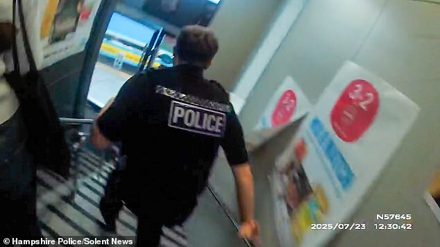 Two members of the force are initially seen chasing after 29-year-old Mohammed Diallo as he exited a shop in Southampton with his bike