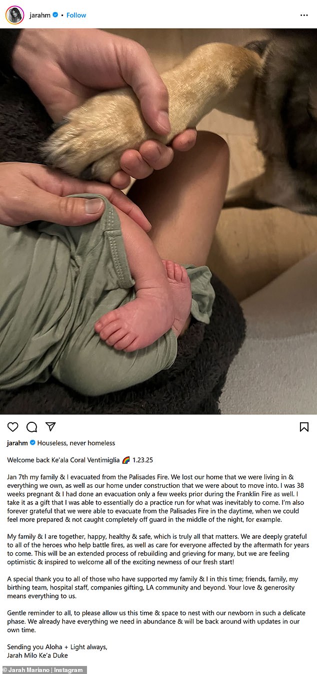 The arrival of their daughter, Ke'ala Coral, came just days after they devastatingly lost their home during the LA Pacific Palisades wildfires