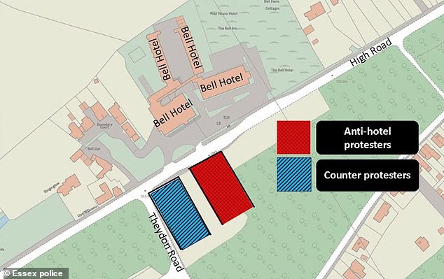 Police provided designated zones for use by anti-hotel protestors and counter-protesters outside The Bell Hotel, where the march began on July 24