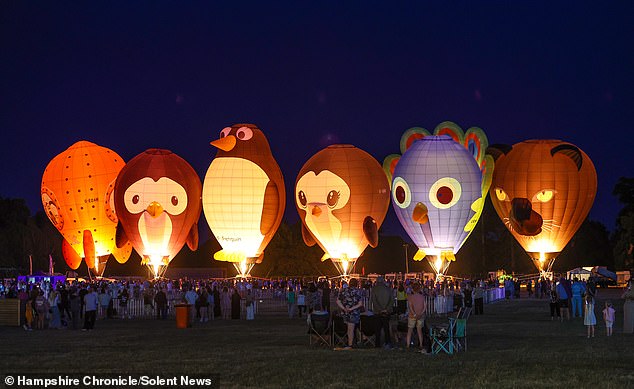 Several lit up hot air balloons at the Romsey festival which were displayed after a delay with many festivalgoers having to leave before seeing them