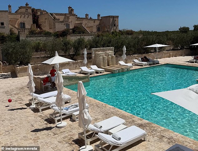 She also showed off the swimming pool that was located at the hotel and filmed another clip while enjoying a drive in Italy