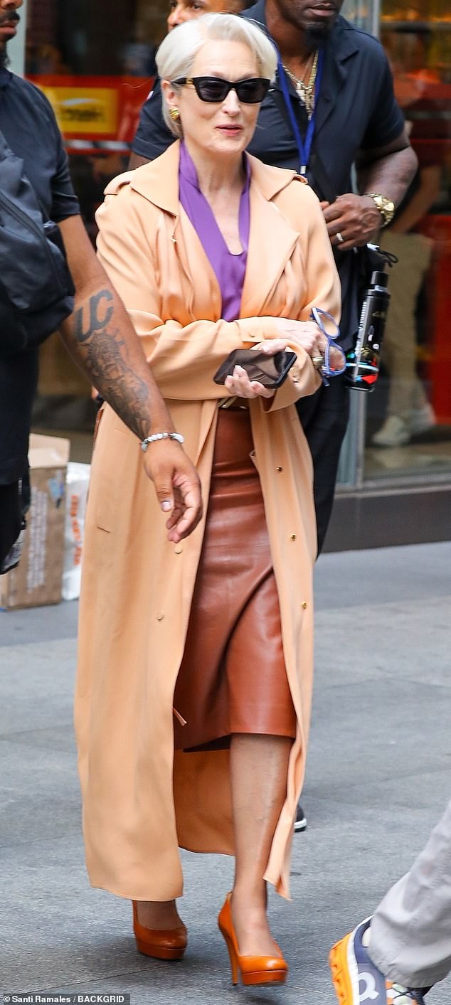 Streep also wowed wearing a brown leather skirt and a purple blouse