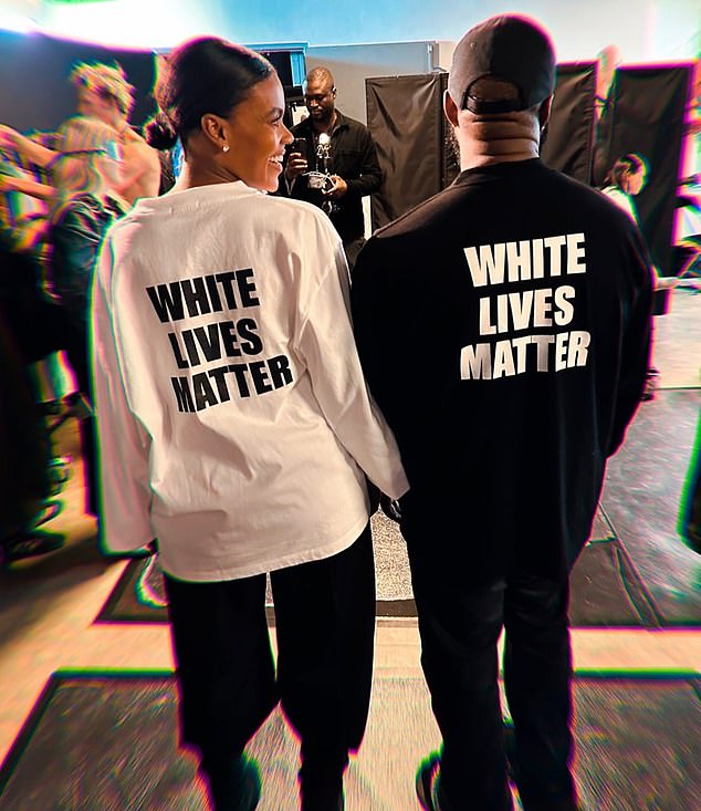 Candace Owens poses with Kanye West wearing 'White Lives Matter' shirts at his YZY fashion show