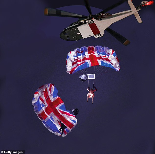 Her Majesty appeared to parachute from a helicopter into the stadium in time for the opening ceremony