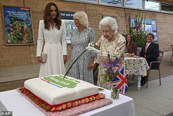 During the G7 summit, the Queen cut a cake to mark her official birthday with a ceremonial sword