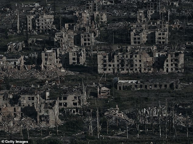 As buildings sit destroyed, even the surrounding trees appear lifeless from the strikes