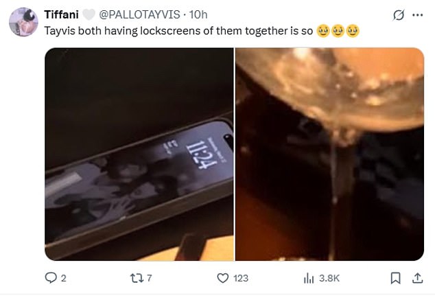 Eagle-eyed fans also spotted that Taylor also had a snap of her and Travis as her screensaver as they notice a glimpse of the black and white jumper he wore during their trip to Lake Como together in May 2024