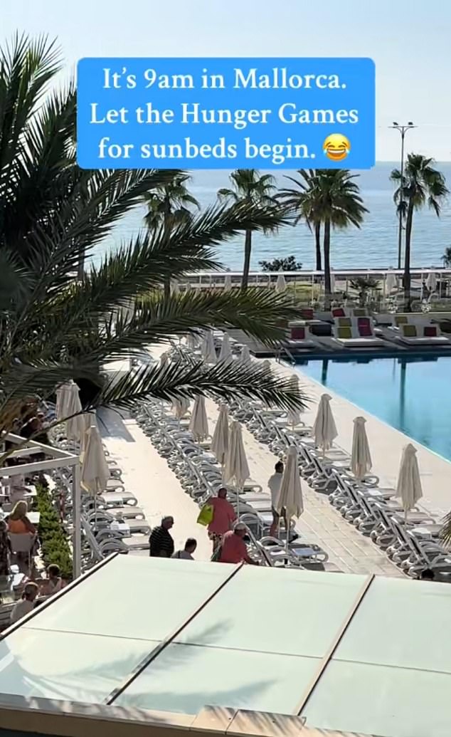 British holidaymaker Clare Wright filmed the moment the gate to the pool area at the Protur Playa Cala Millor Hotel in Mallorca were opened for the day - with keen tourists breaking into a run to get their preferred spot