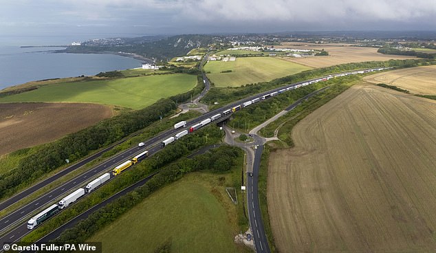 Lorries queue along the A20 outside Dover in Kent as the Port of Dover remains busy today
