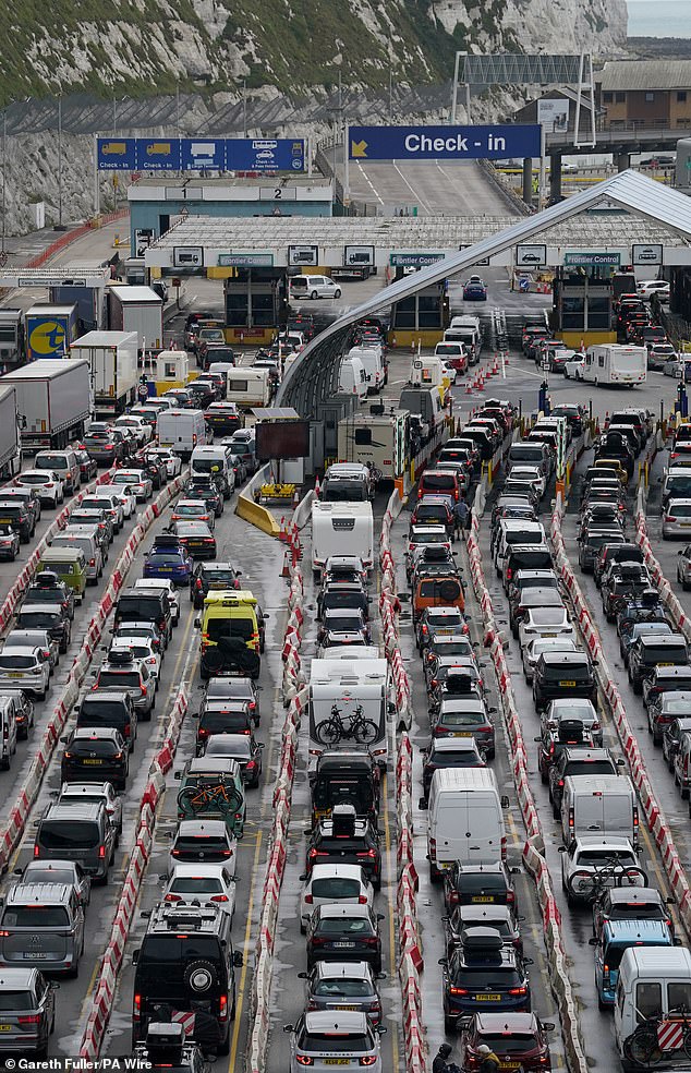 Holiday and freight traffic queues to use the Port of Dover in Kent this morning