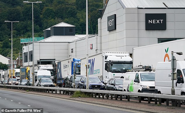 Holiday and freight traffic queues to use the Port of Dover in Kent this morning