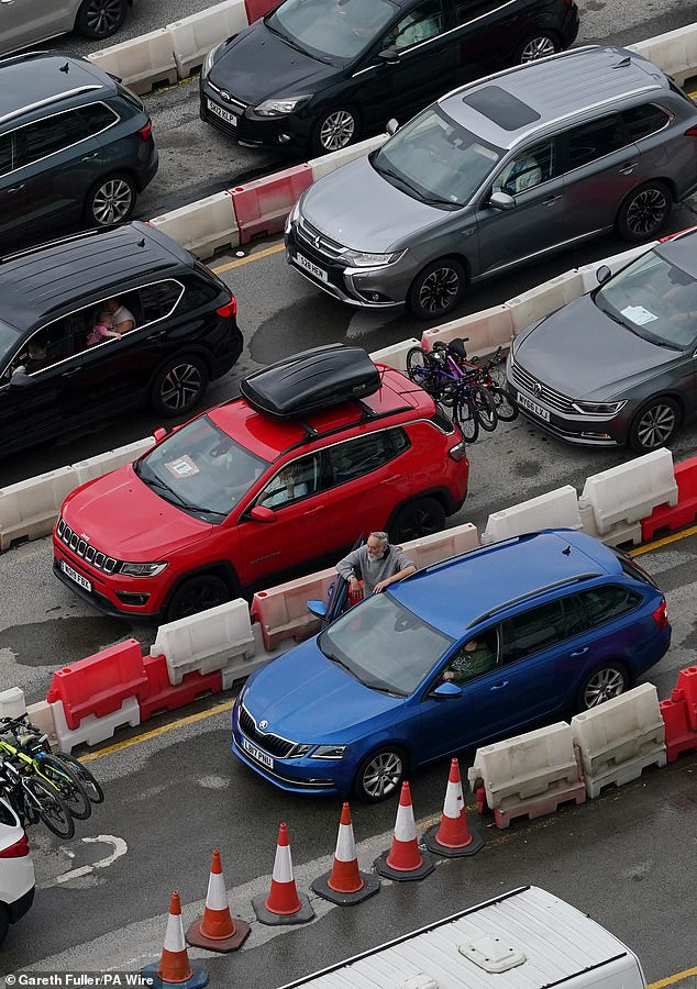Holiday and freight traffic queues to use the Port of Dover in Kent this morning