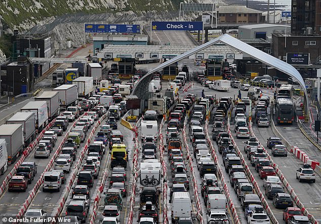 Holiday and freight traffic queues to use the Port of Dover in Kent this morning