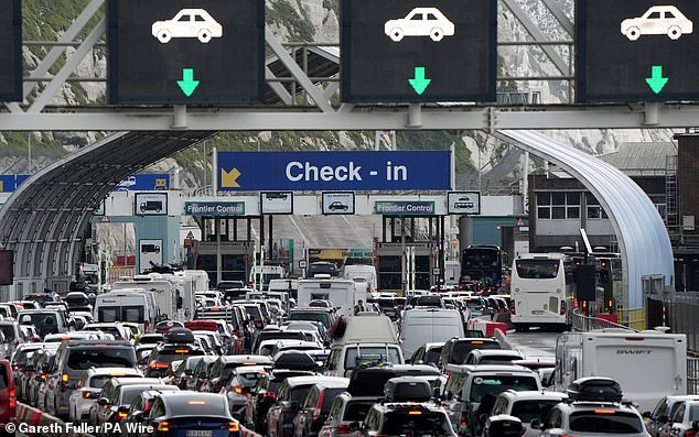 Holiday and freight traffic queues to use the Port of Dover in Kent this morning