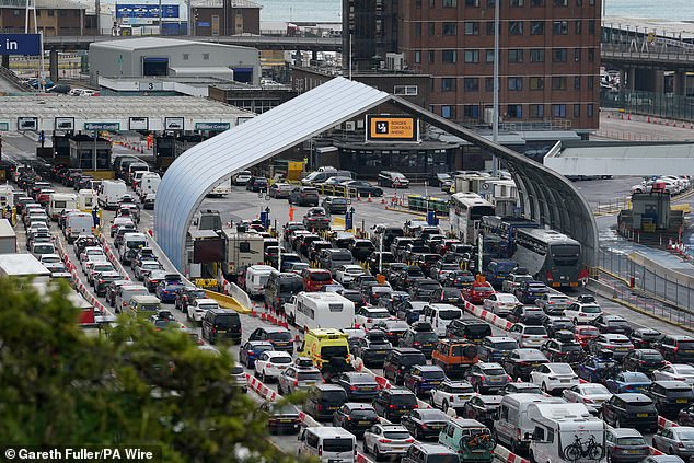 Holiday and freight traffic queues to use the Port of Dover in Kent this morning