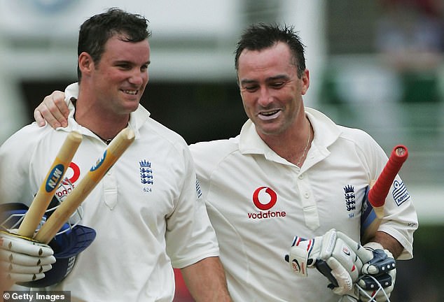 Surrey lefthander Thorpe with teammate Andrew Strauss during the Test Match between South Africa and England in 2004 in Port Elizabeth