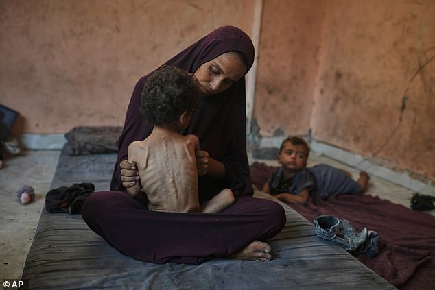 Aid agencies have warned Gaza is close to famine, saying 113 people have starved to death in the past week. Pictured, Naima Abu Ful poses for a photo with her two-year-old malnourished child, Yazan, at their home in the Shati refugee camp in Gaza City this week