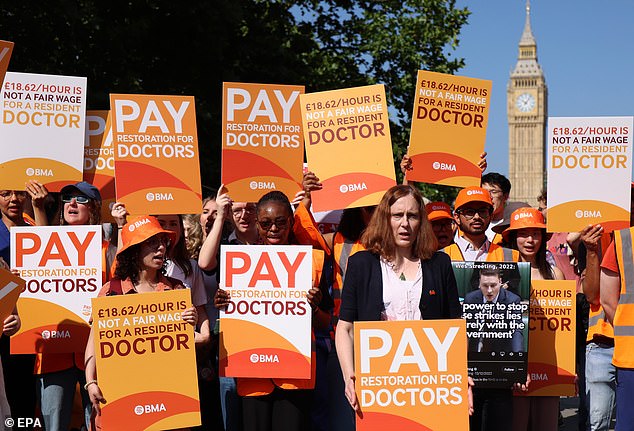 Strike leader Dr Melissa Ryan (front) joined a picket line outside St Thomas' hospital in Westminster, London, on Friday