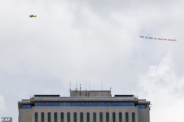 Outside the courthouse in Tallahassee, Florida on Friday, July 25, 2025, a crop plane flew overhead with a banner reading: 'Trump and Bondi are protecting predators'