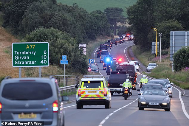 A huge security operation codenamed Operation Roll 2, involving police from across the UK and expected to cost £3million, is underway (Trump's motorcade on the A77 in Maybole, South Ayrshire)