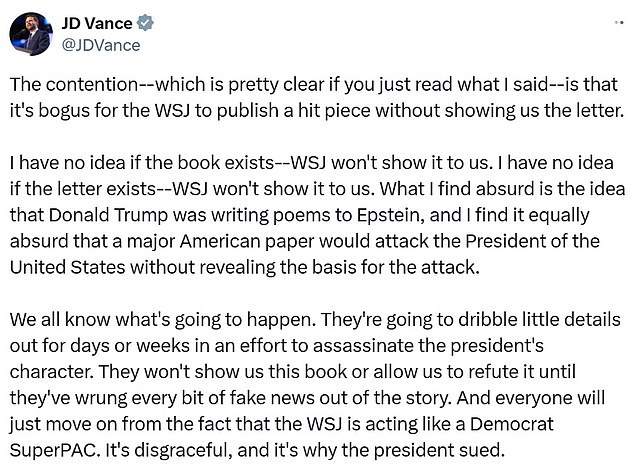 Vance's stance stands apart from the president's repeated claims that the letter is entirely made up