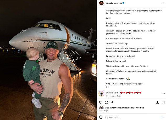 McGregor announced the plans in an Instagram post where he is stood ahead of a private jet and wearing a Make Ireland Great Again cap