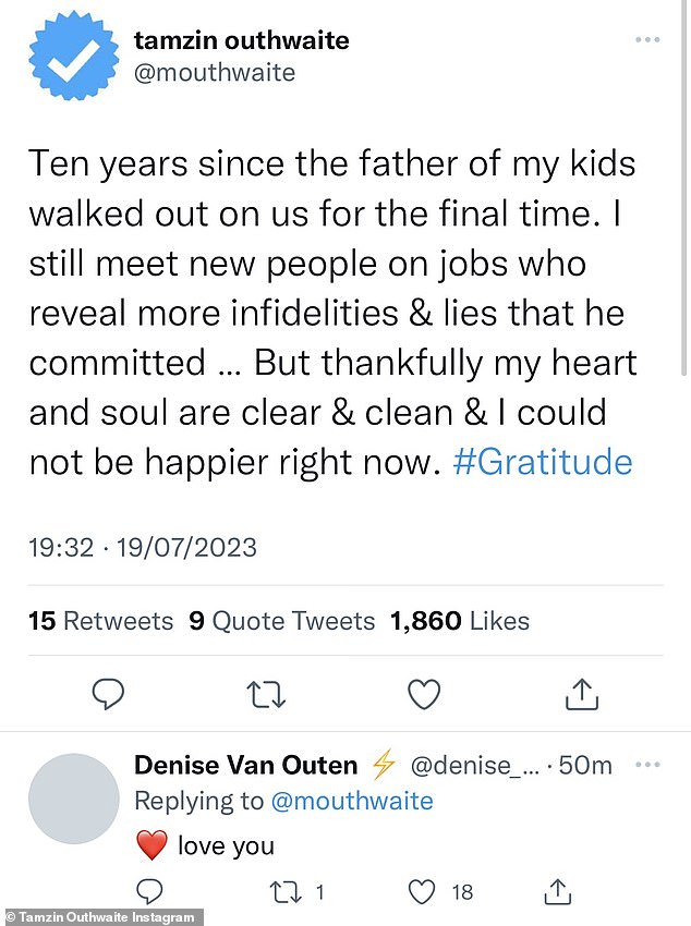 In a now deleted tweet, Tamzin wrote: I still meet new people on jobs who reveal more infidelities and lies that he committed'