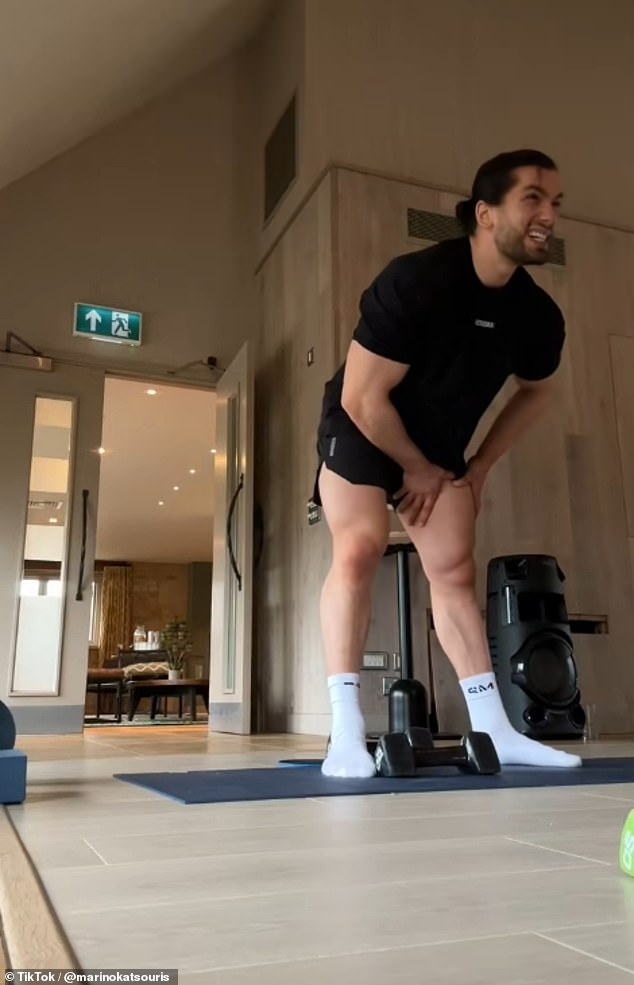 By the end of the video the session had become too much for him to bear as he was seen clinging to his thighs in pain