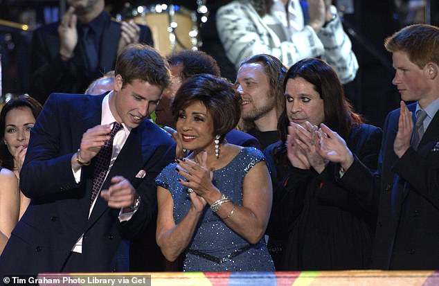 Prince William talking to singers Shirley Bassey and Ozzy Osbourne when he and his brother Prince Harry joined them and other performers on stage at the end of Queen Elizabeth II's Golden Jubilee concert in 2002