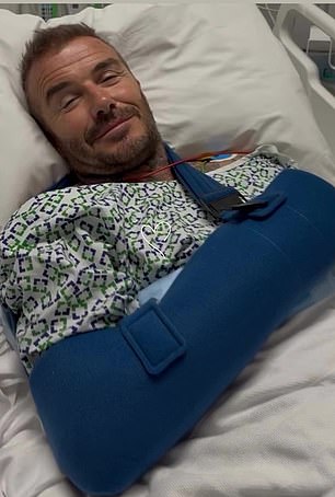 David Beckham should also be extra careful on the stairs - as his name was linked to higher odds of a personal injury claim (pictured after having surgery on his wrist)